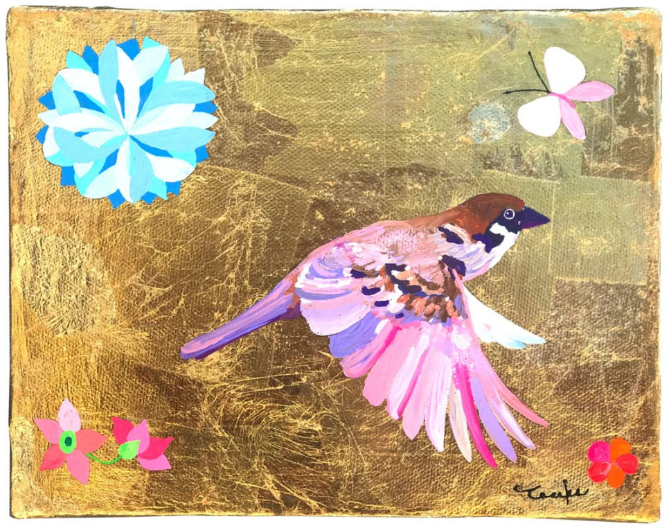 Sparrows flying from flowers